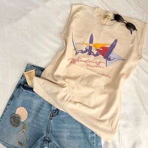 cream sleeveless muscle tee w retro "windsurf hawaii" graphic